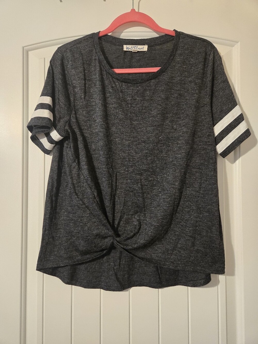 Wallflower Charcoal Short Sleeve Tee with White Sleeve Stripes